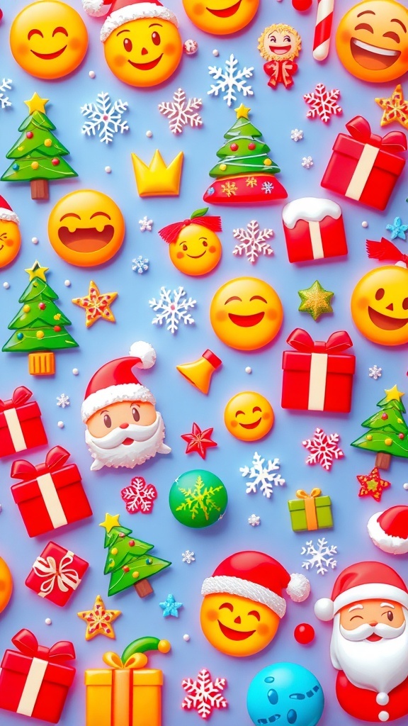 A festive background of Christmas emojis including trees, snowflakes, and gifts.
